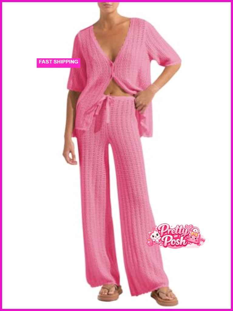 2 Piece Crochet Knit Swimsuit Cover Up Cardigan And Long Pants Set Beach Outfit